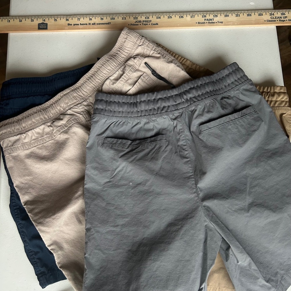 Lot 4 Pairs Boys Pull On Shorts Medium Navy Grey Khaki Tan Elastic Waist Cotton - Picture 11 of 11